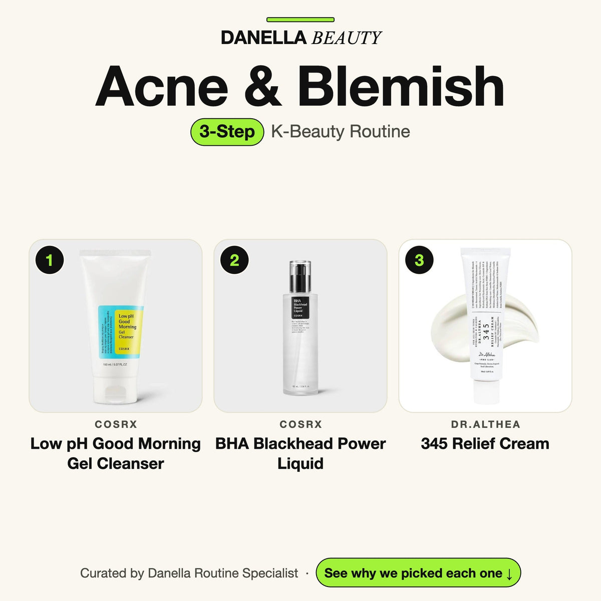 Acne & Blemish Routine, 3-Step with 3 K-beauty products, Danella Beauty