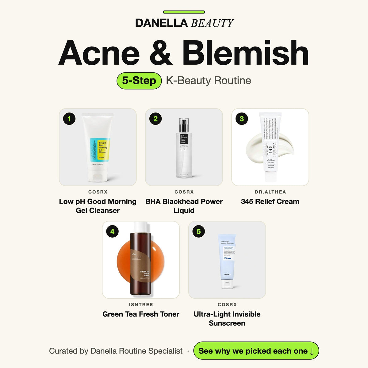 Acne & Blemish Routine, 5-Step with 5 K-beauty products, Danella Beauty
