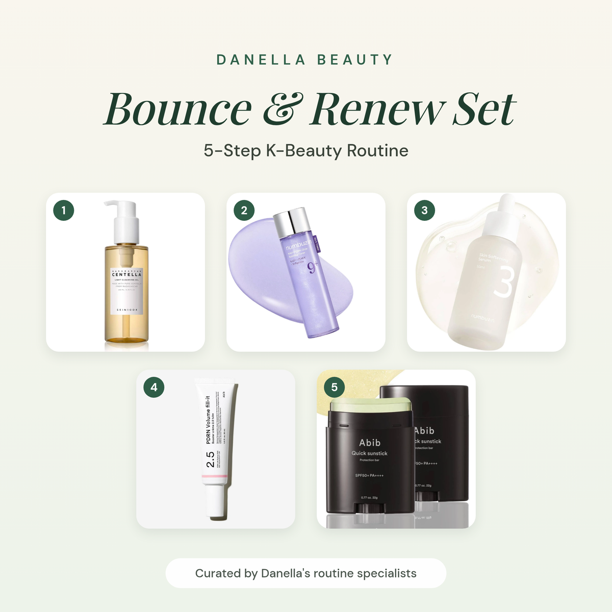 Bounce & Renew Set – 5-step K-beauty routine set, all 5 products shown, Danella Beauty