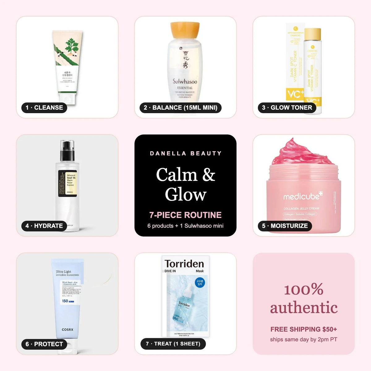 Calm & Glow 7-Piece Routine: cleanser, Sulwhasoo 15ml mini, vitamin C toner, snail essence, jelly cream, sunscreen and sheet mask, Danella Beauty