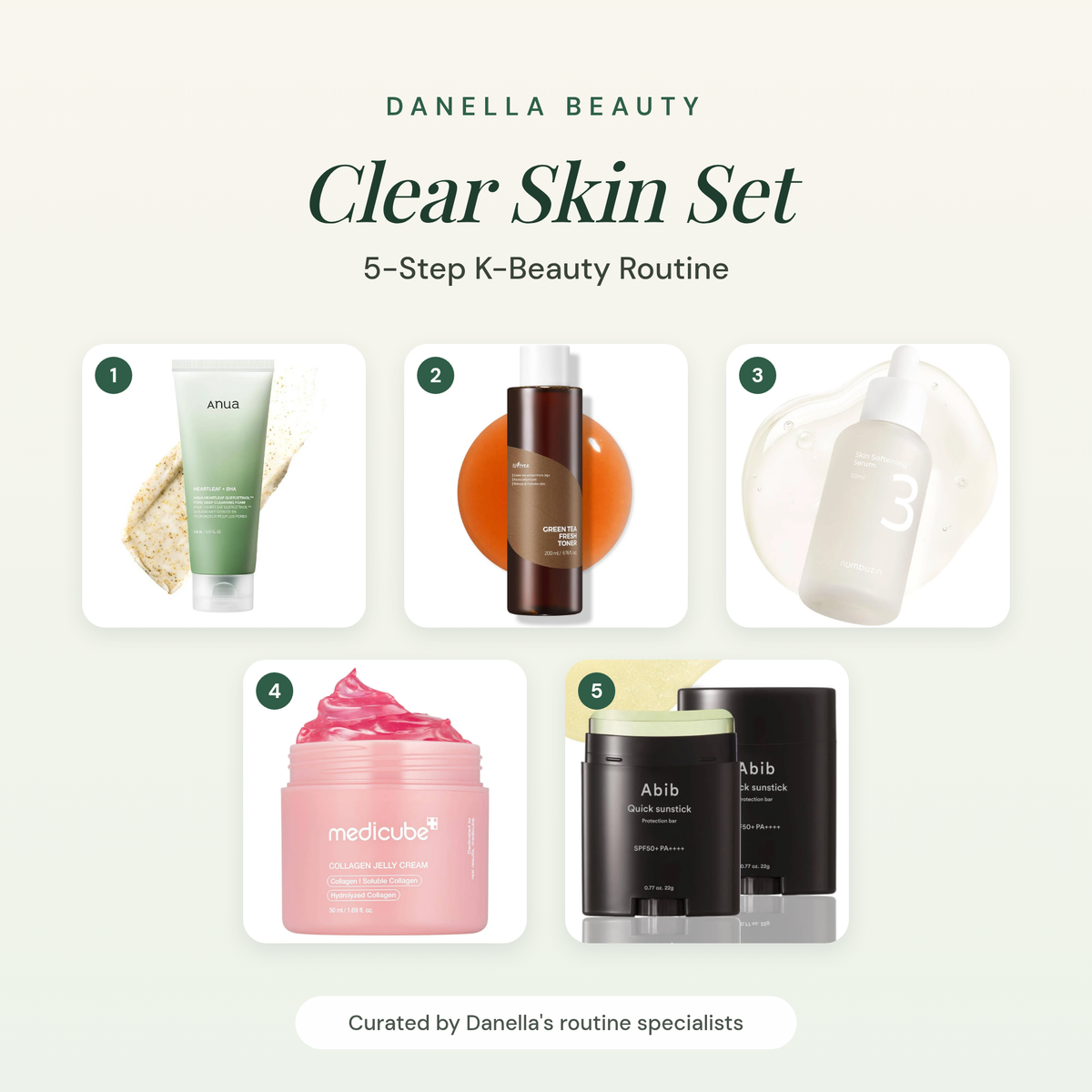 Clear Skin Set – 5-step K-beauty routine set, all 5 products shown, Danella Beauty