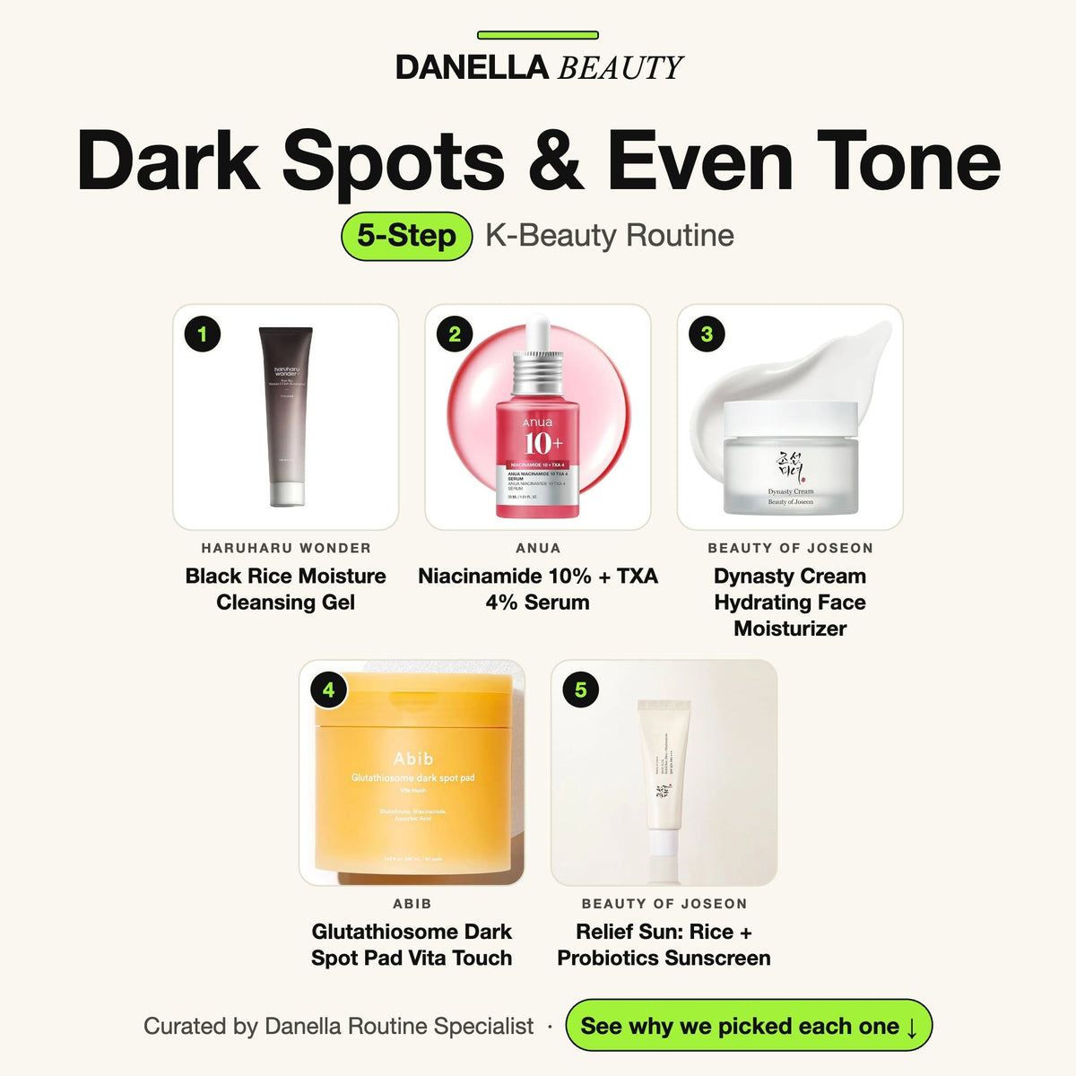 Dark Spots & Even Tone Routine, 5-Step with 5 K-beauty products, Danella Beauty