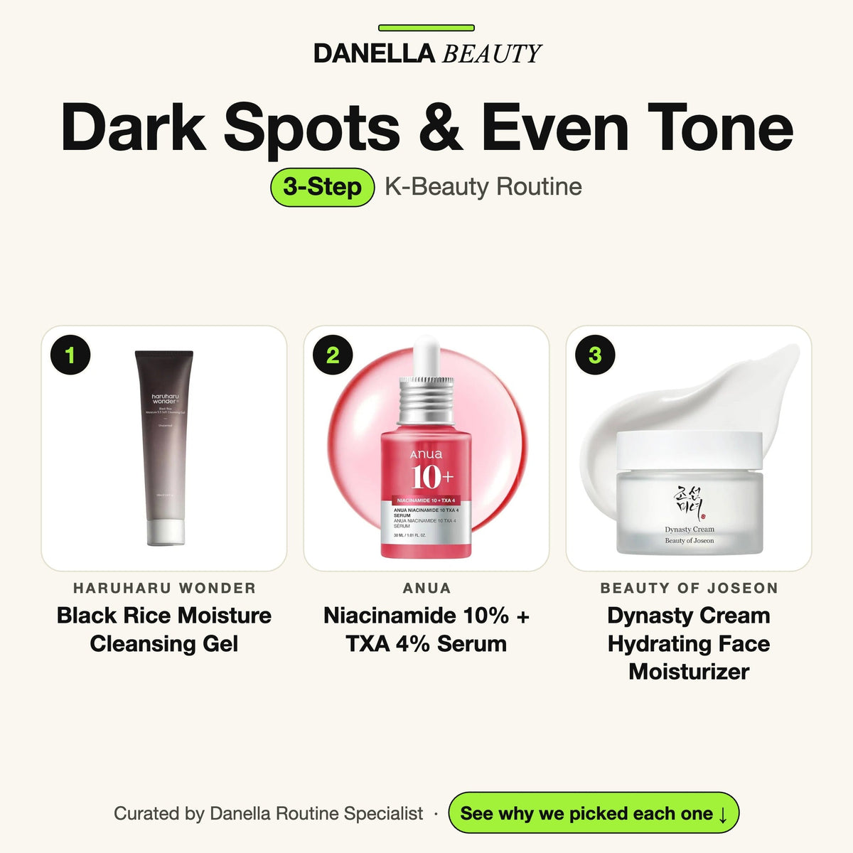 Dark Spots & Even Tone Routine, 3-Step with 3 K-beauty products, Danella Beauty