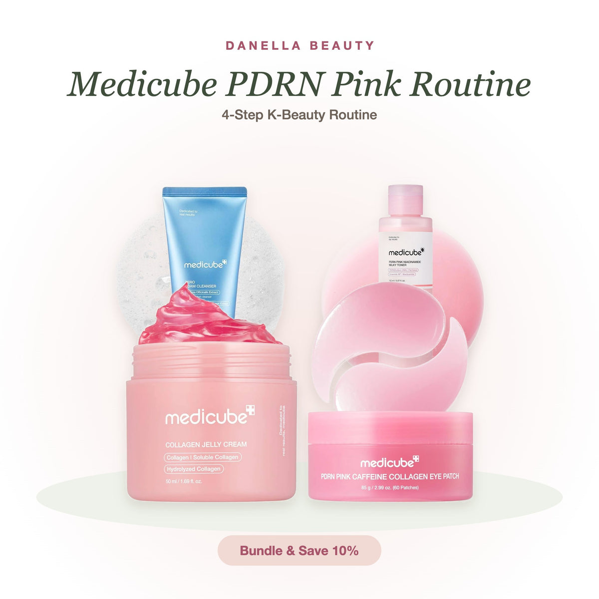 Medicube PDRN Pink Routine K-beauty skincare set from Danella Beauty: Zero Foam Cleanser, PDRN Pink Milky Toner, Collagen Jelly Cream and PDRN Eye Patches