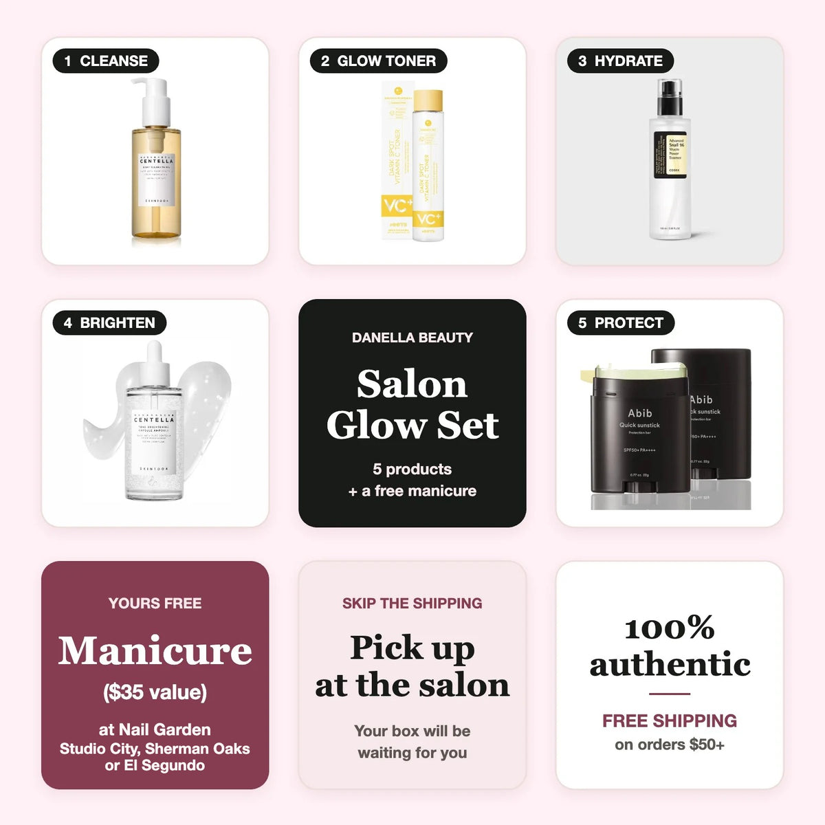 Salon Glow Set: SKIN1004 cleansing oil, OOTD Vitamin C toner, COSRX Snail 96, SKIN1004 brightening ampoule and Abib sunstick, with a free manicure at Nail Garden