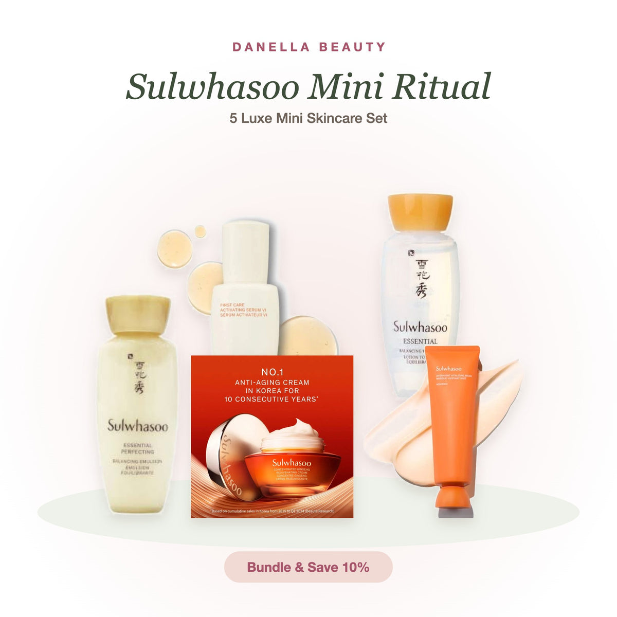 Sulwhasoo Mini Ritual luxe mini skincare set from Danella Beauty: First Care Serum, Balancing Water, Emulsion, Ginseng Cream and Overnight Mask